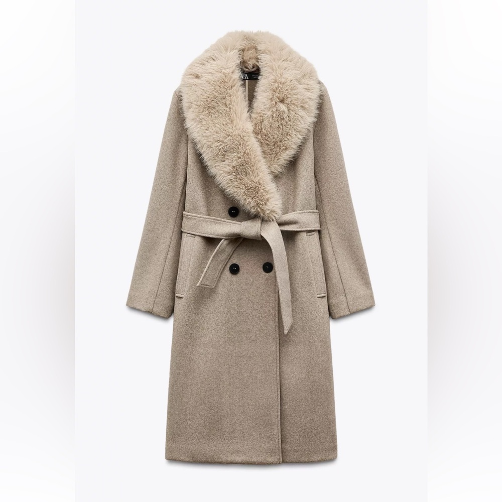 Zara Camel Wool-Blend Belted Trench Coat with Faux Fur Collar